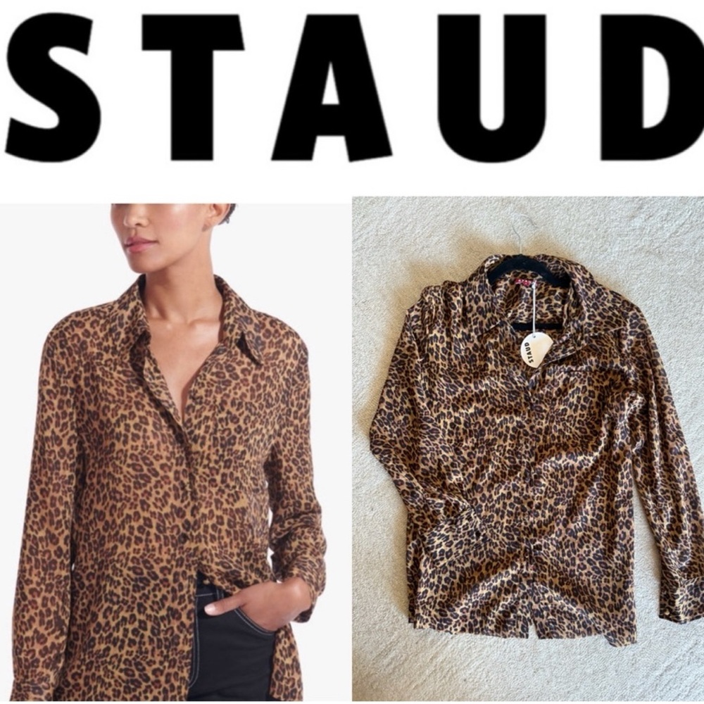 STAUD Semi-Sheer Brown Leopard Print Shirt